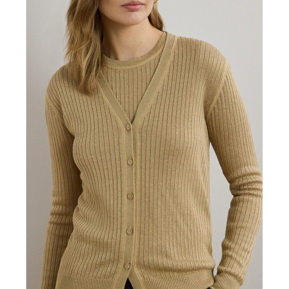 Lauren Ralph Lauren Women's Rib-Knit Linen-Blend V-Neck Cardigan Tan M - Picture 2 of 5